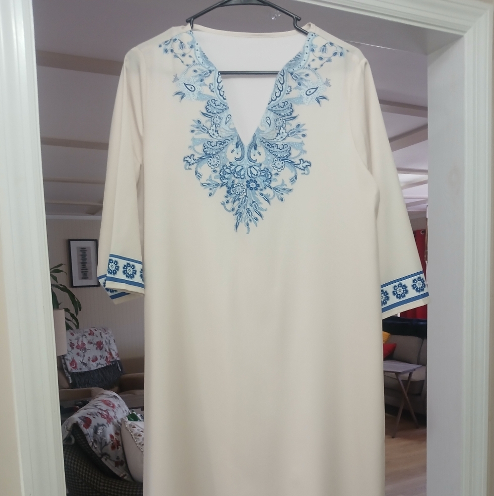 SHEIN Cream Midi Dress with Blue Embroidery